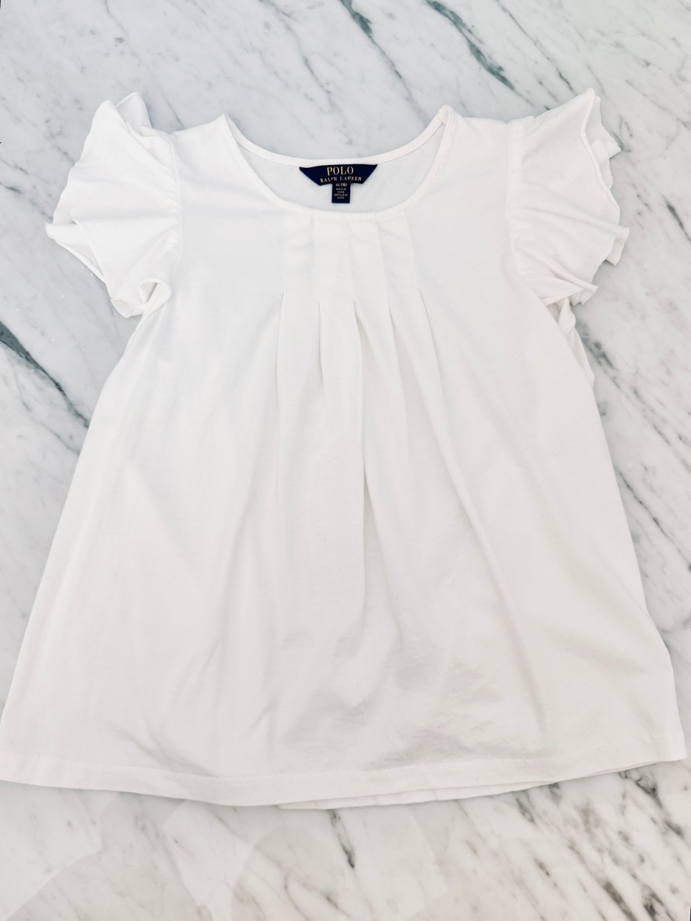 Ralph Lauren Pleated Flutter Sleeve White Girls White Tee Size 16